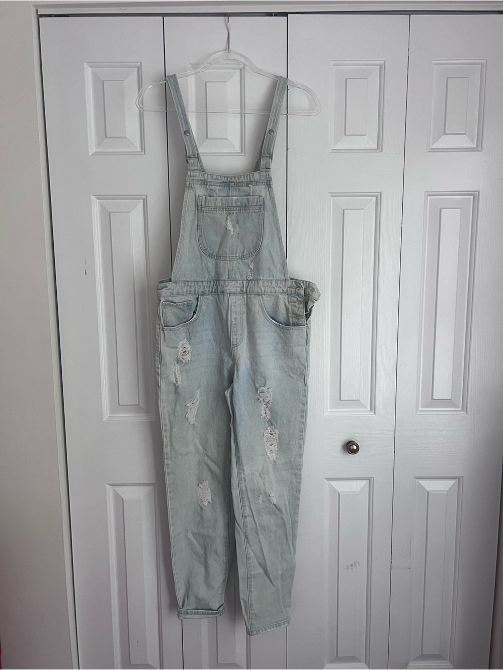 Forever 21 Light Blue Distressed Denim Overalls
